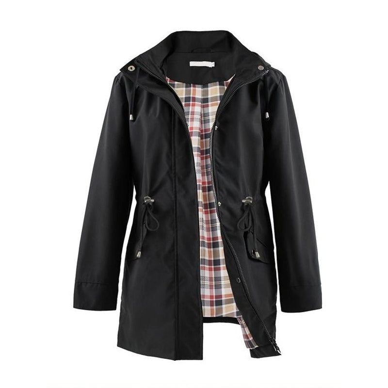 Giacca a vento lunga con cappuccio, coulisse e cerniera che stringe in vita