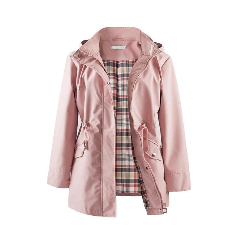 Giacca a vento lunga con cappuccio, coulisse e cerniera che stringe in vita