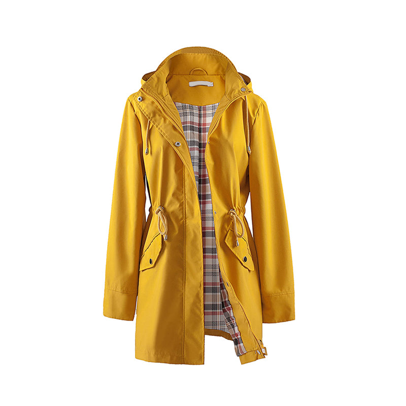 Giacca a vento lunga con cappuccio, coulisse e cerniera che stringe in vita